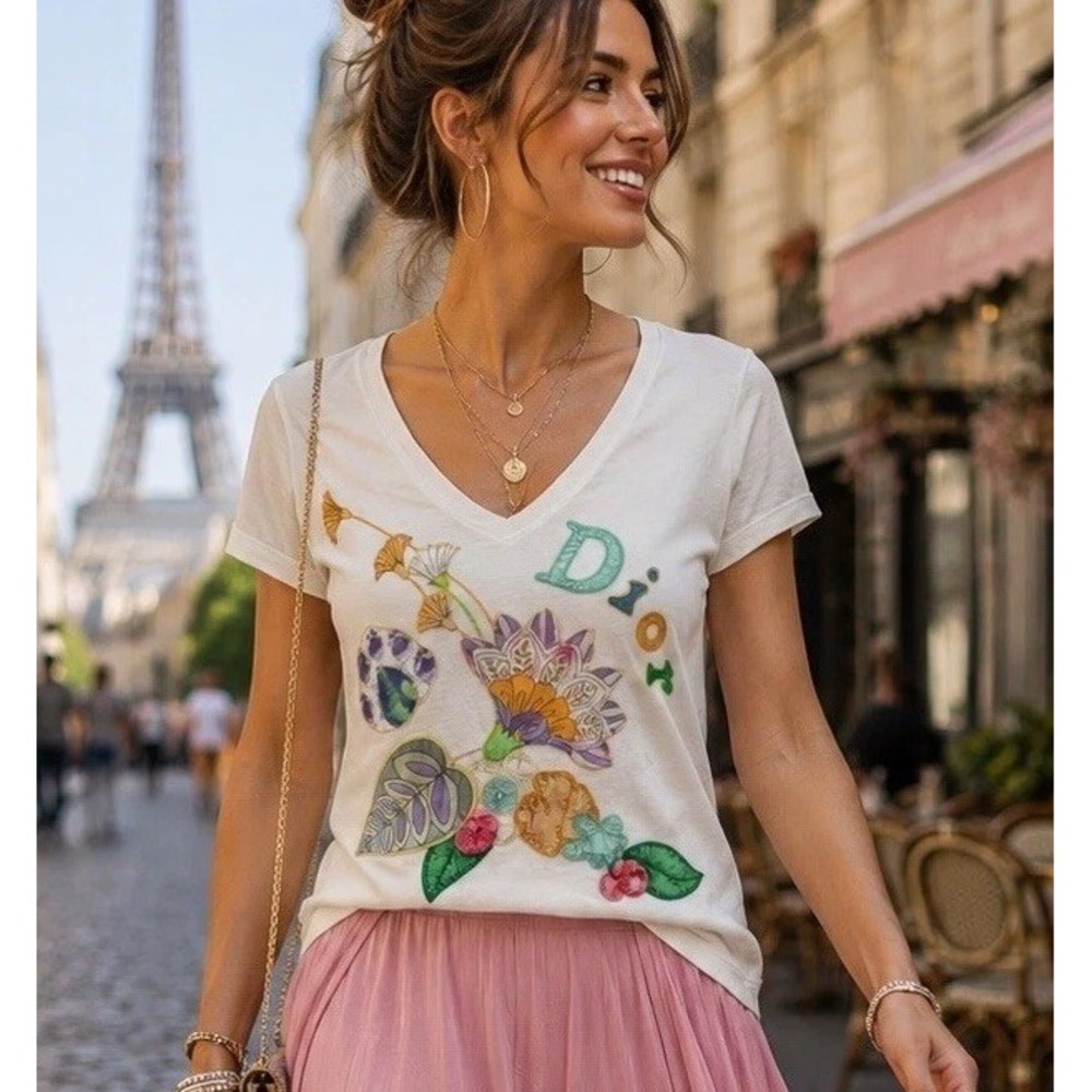 Vintage Christian Dior Galliano Era Floral Applique Embroidered Tee FR 40 Artsy